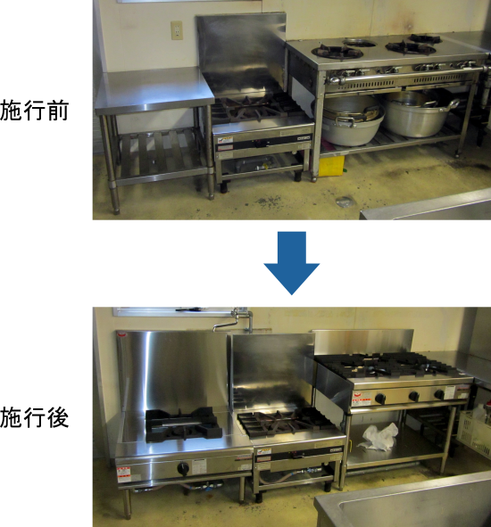 ガステーブルの入替とスープレンジの追加及びスープレンジ用の給水工事